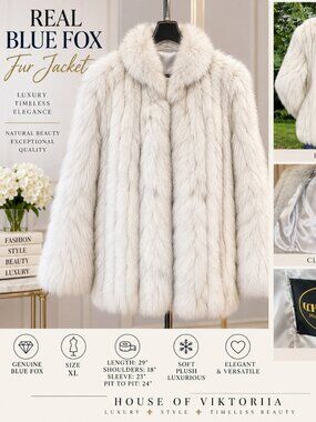 REAL BLUE FOX FUR COAT Women’s XL Silver White Luxury Jacket 29” Excellent